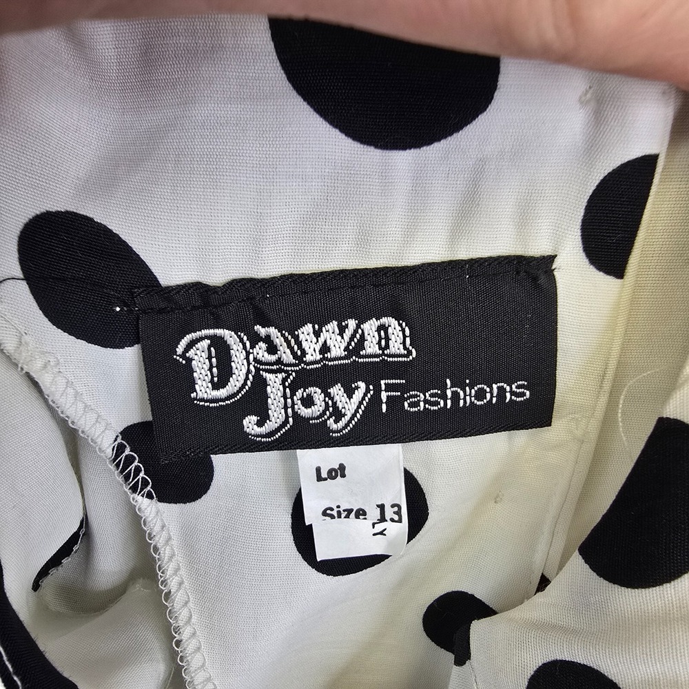 Vintage Dawn Joy Dress Womens 13 Fits M White Polka Dot 80s Retro Office Modest - Picture 6 of 16